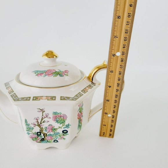 Vintage Sadler Indian Tree Teapot Hexagonal Shape Pink Oriental Floral Gold Trim - Picture 11 of 13